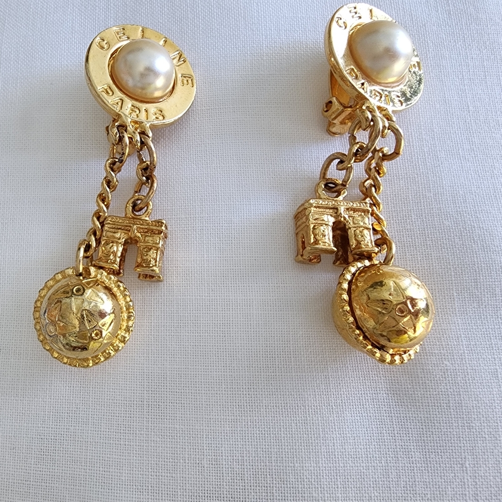 CELINE PARIS Gold Tone Pearl Arc de Triomphe Golden Ball Clip Earrings - Picture 2 of 8